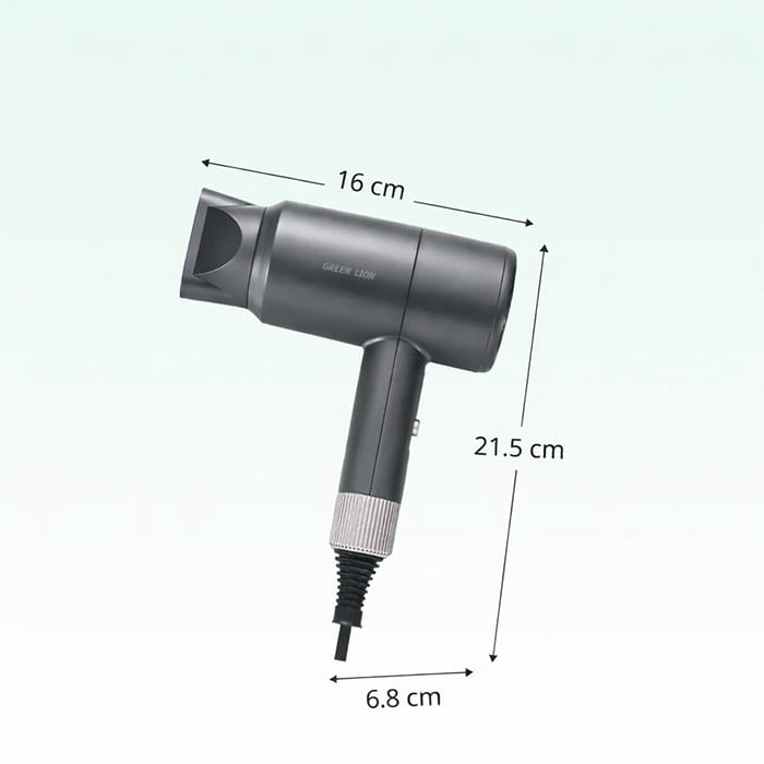 A dark gray hair dryer with dimension annotations showing its length as 21.5 cm, width as 16 cm, and cord diameter as 6.