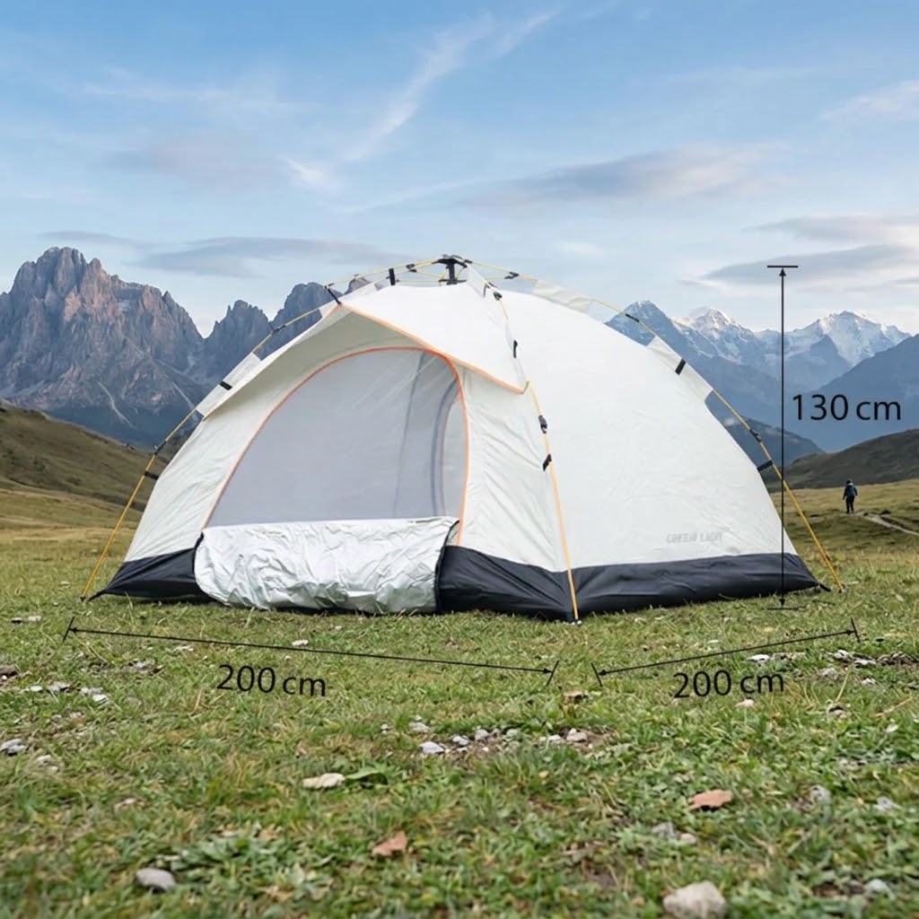 A dome-style camping tent pitched on a grassy mountain meadow with rocky peaks and a blue sky in the background. Black measurement lines and text show tent dimensions: 200 cm by 200 cm and 130 cm height.