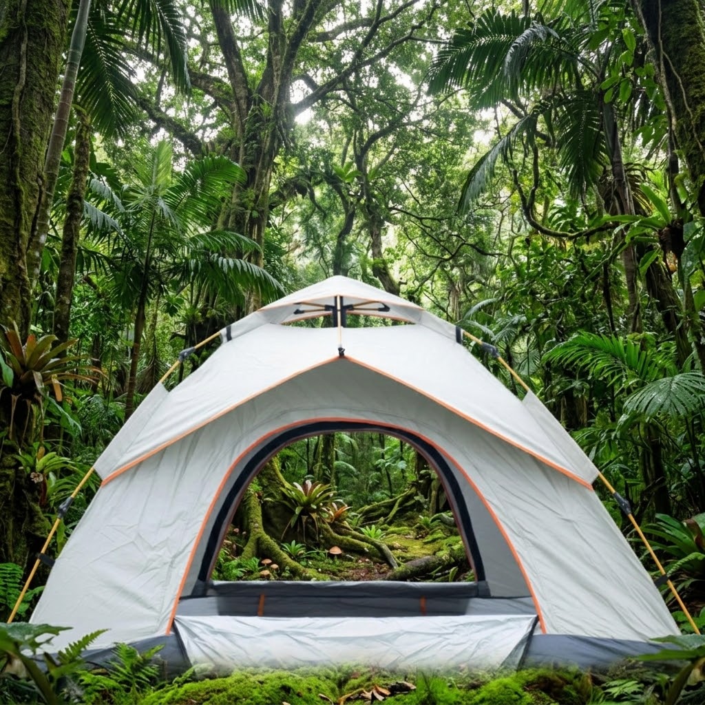 A dome-style camping tent in light gray with orange piping and a dark gray entryway, pitched in a dense green forest with moss and tropical foliage around it.