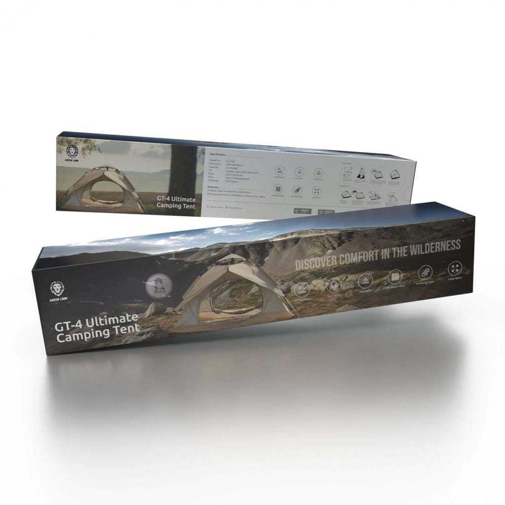 Box packaging of GT-4 Ultimate Camping Tent on a white background