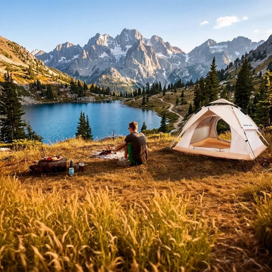 A person sits by a white dome camping tent beside a blue alpine lake, with snow-capped mountains and pine trees in the background. A campfire ring and cooking gear are visible on the grassy ground.