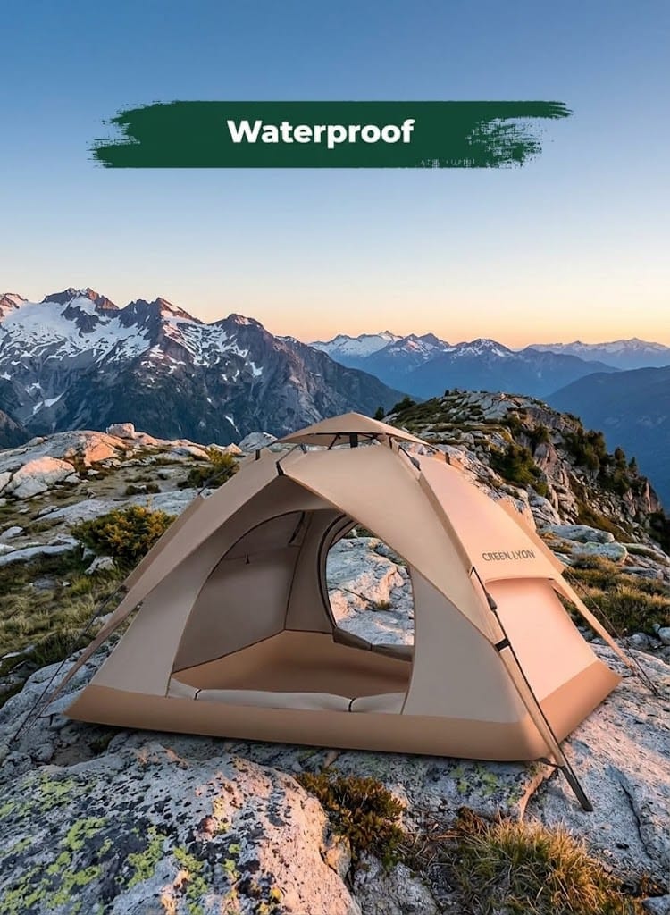 A beige camping tent pitched on a rocky mountain summit with snow-capped peaks and a blue sky in the background. A green brush-stroke style banner at the top reads “Waterproof.