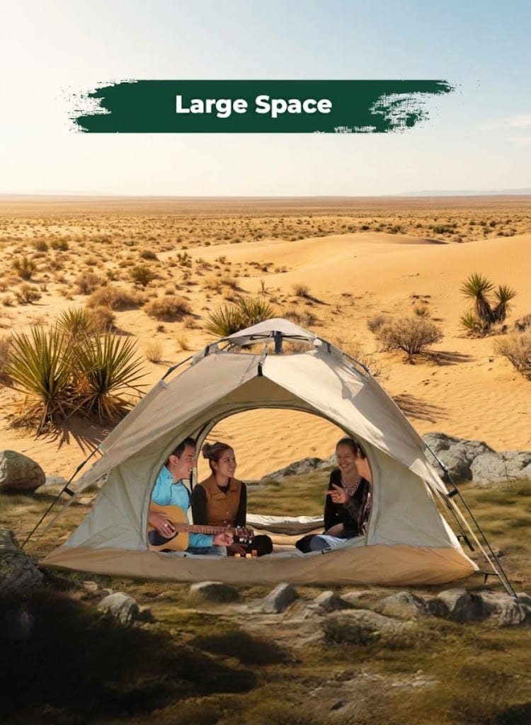 A dome camping tent pitched in a desert landscape, with three people sitting inside the open front. The scene includes sand dunes, shrubs, rocks, and a blue sky, with a green brush-stroke style banner at the top reading 'Large Space'.