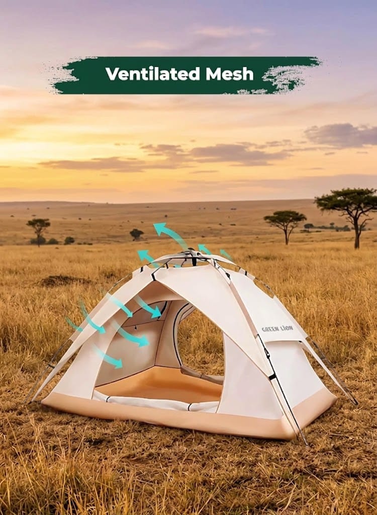 A white and beige camping tent pitched in an open grassland at sunset, with turquoise arrow graphics showing airflow through the mesh and a green banner reading 'Ventilated Mesh.' The scene includes trees and a savanna landscape, so this is Lifestyle rather than Product/Packaging because a real outdoor environment is present.