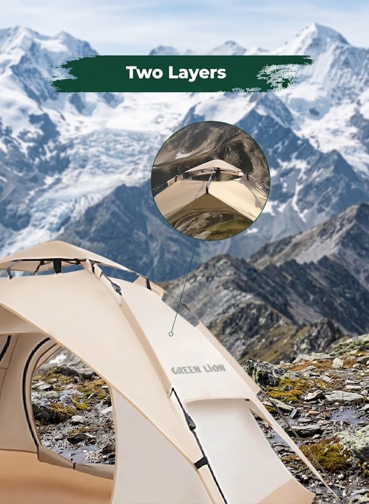 A beige two-layer camping tent pitched on a rocky mountainside with snow-capped peaks in the background. A green brush-stroke label at the top reads 'Two Layers,' and a circular inset shows a close-up of the tent interior and fabric.