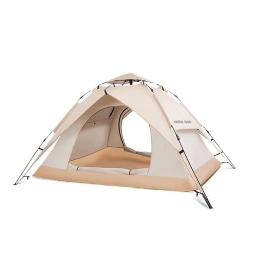 Beige camping tent with a brand logo on a white background