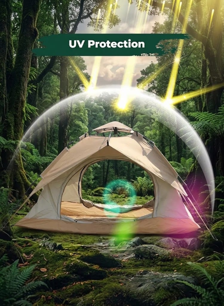 A beige dome camping tent set in a lush green forest, with a graphic overlay showing a UV protection shield and bright sun rays filtering through the trees.