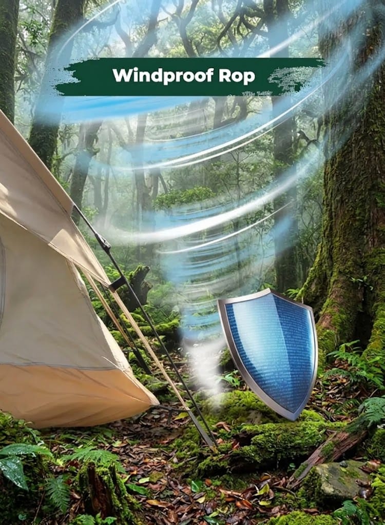 A camping tent and trekking poles in a mossy forest with a blue windproof shield graphic and the text 'Windproof Rop' overlaid at the top.