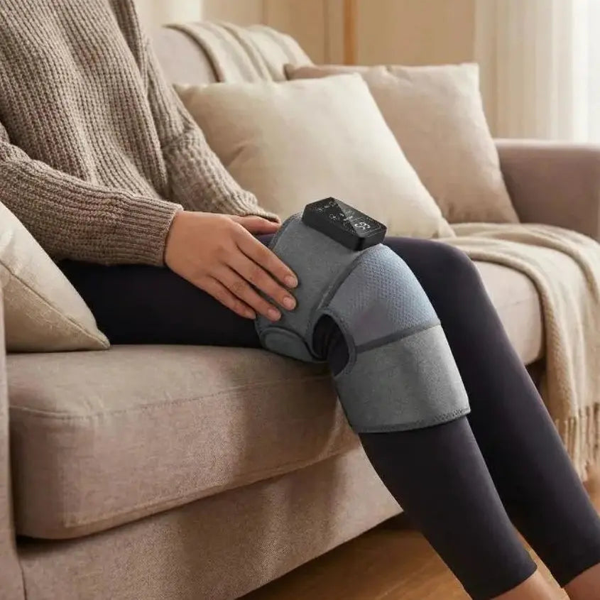 Person using a knee massager on a couch
