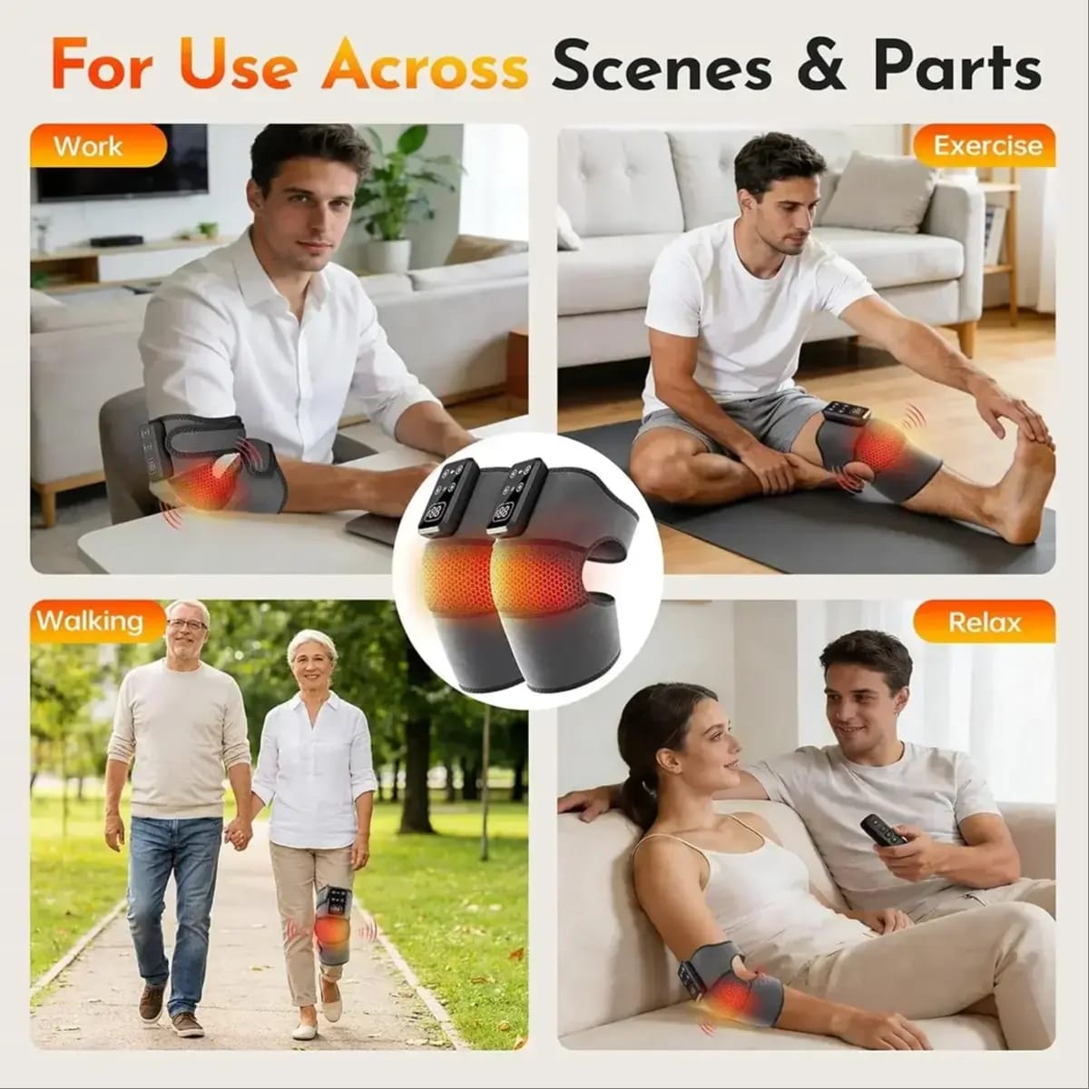 Collage of a person using a knee brace in various scenarios including work, exercise, walking, and relaxation.