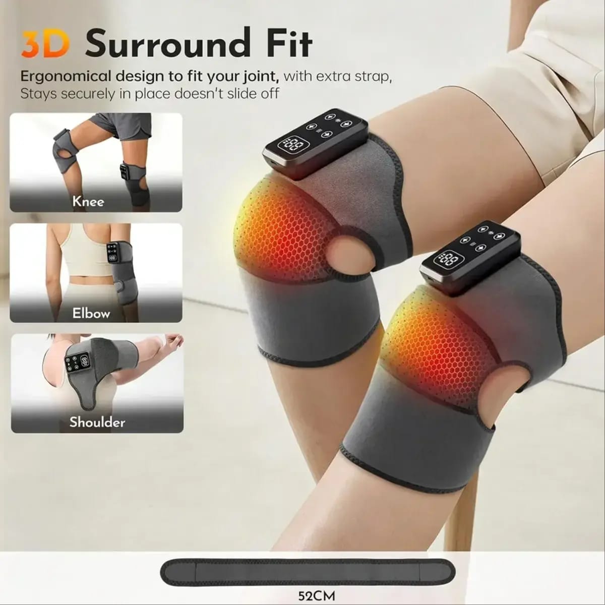 A promotional product image showing a person wearing two knee-focused wearable devices on their legs, with overlaid text reading '3D Surround Fit' and smaller inset examples for knee, elbow, and shoulder use. The devices are black with small digital control panels, and the surrounding fabric is dark gray.
