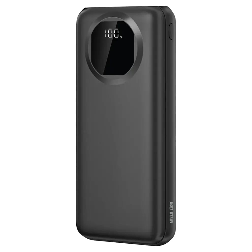 A black portable power bank with a circular digital battery percentage display showing 100%, photographed on a solid white background.