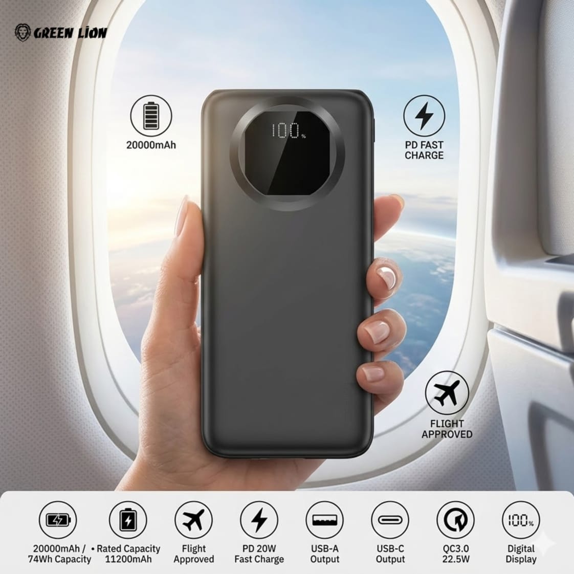 A hand holds a dark gray portable power bank with a circular digital battery display showing 100%. The background shows an airplane window with sky and clouds, and the image includes feature callouts such as 20000mAh, PD fast charge, and flight approved.