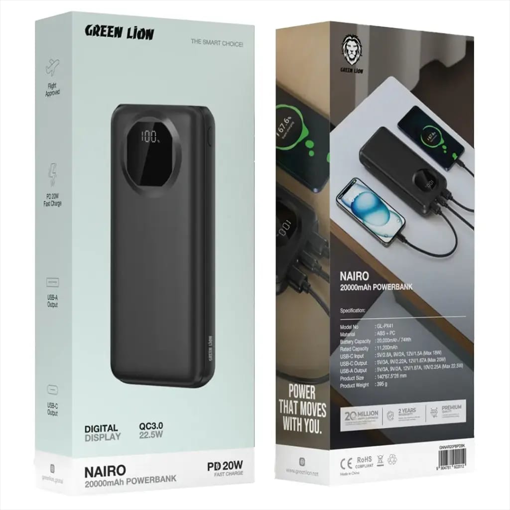 Two power bank packaging boxes from Green Lion and Nairo on a white background