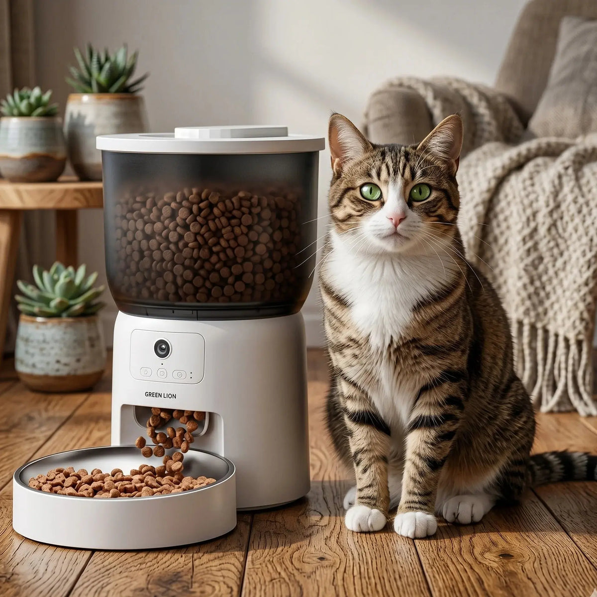 Cat sitting next to a pet food dispenser on a wooden floor.