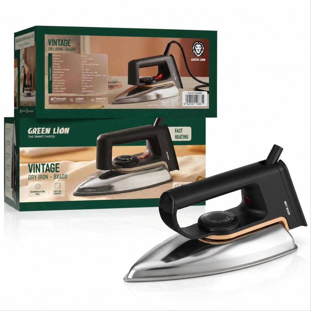 A Green Lion Vintage Gen 801 Iron 650 steam iron shown in front of its retail box on a white background. The iron has a black handle, a silver stainless steel soleplate, and a light wood-grain trim along the base.