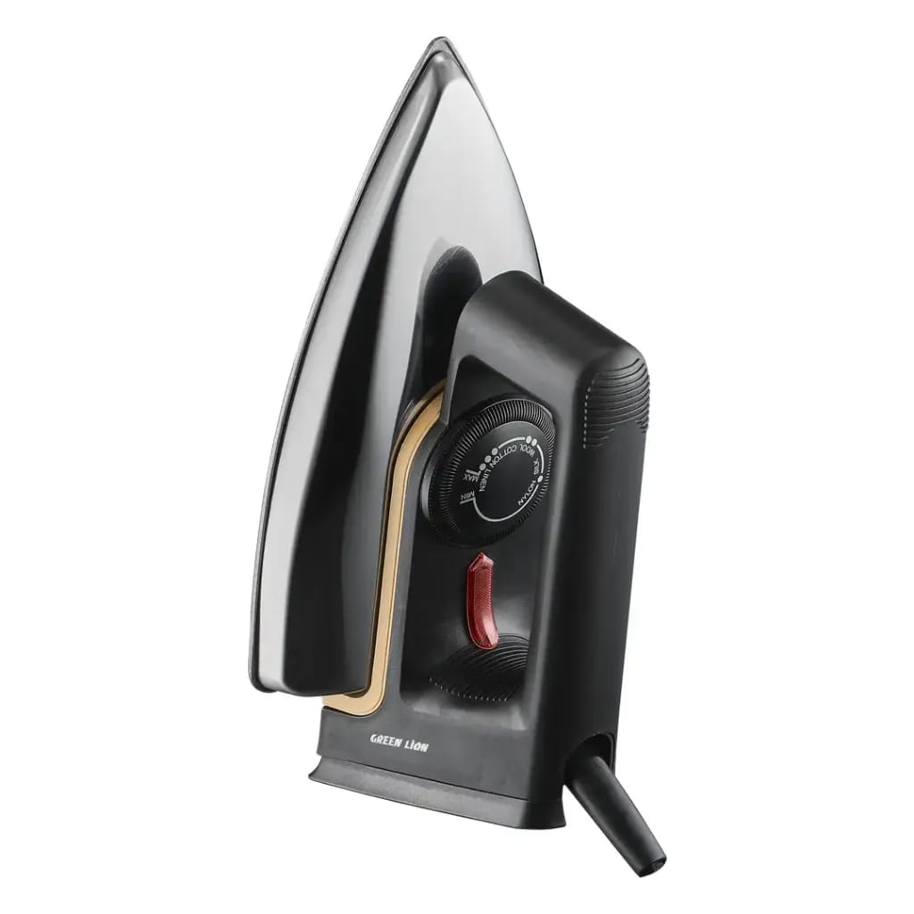 A modern electric iron with a black body, clear steam plate, gold trim, and red steam button, shown on a plain white background.