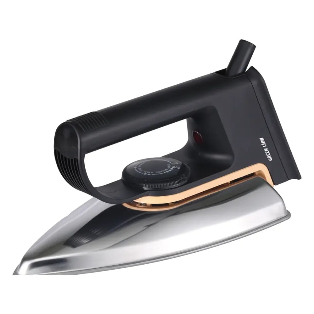 A modern steam iron with a black handle, a polished stainless steel soleplate, and a metallic rose gold accent band, shown on a solid white background.