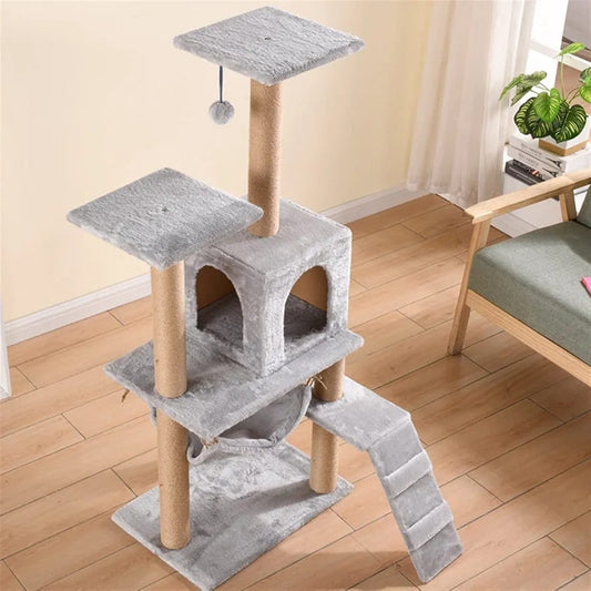 Grey Cat Tree Tower 125cm – Compact Cat Condo with Hammock, Ramp & Scratching Posts product image