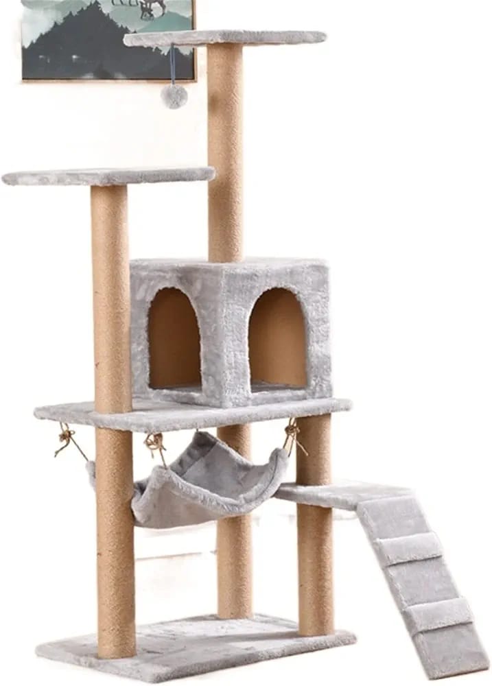 Grey Cat Tree Tower 125cm – Compact Cat Condo with Hammock, Ramp & Scratching Posts product image 3