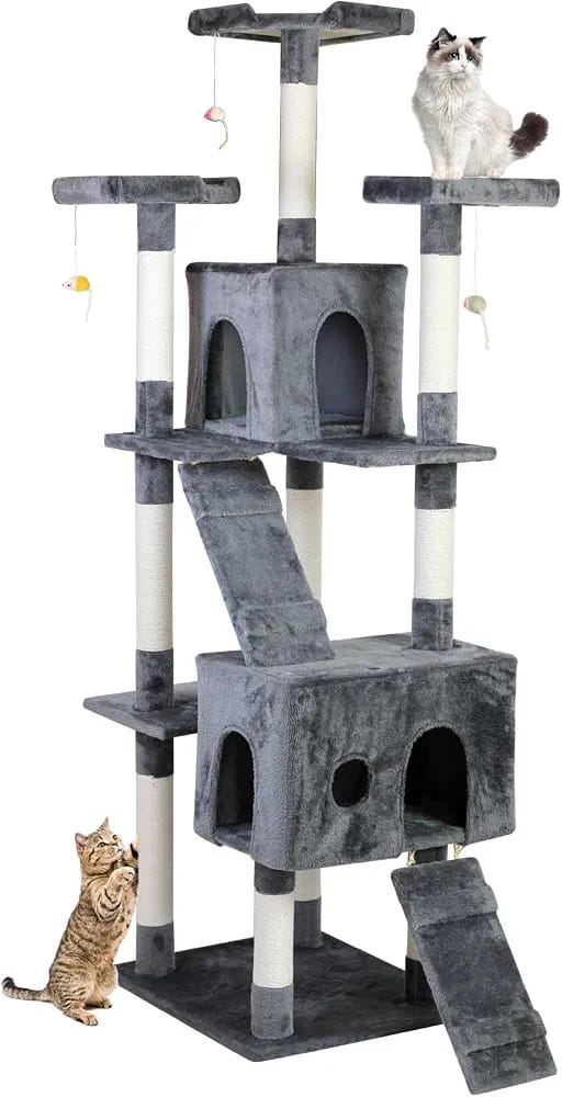 Grey Cat Tree Tower 170cm – Multi-Level Cat Condo with 2 Caves, Ramp & Scratching Posts product image