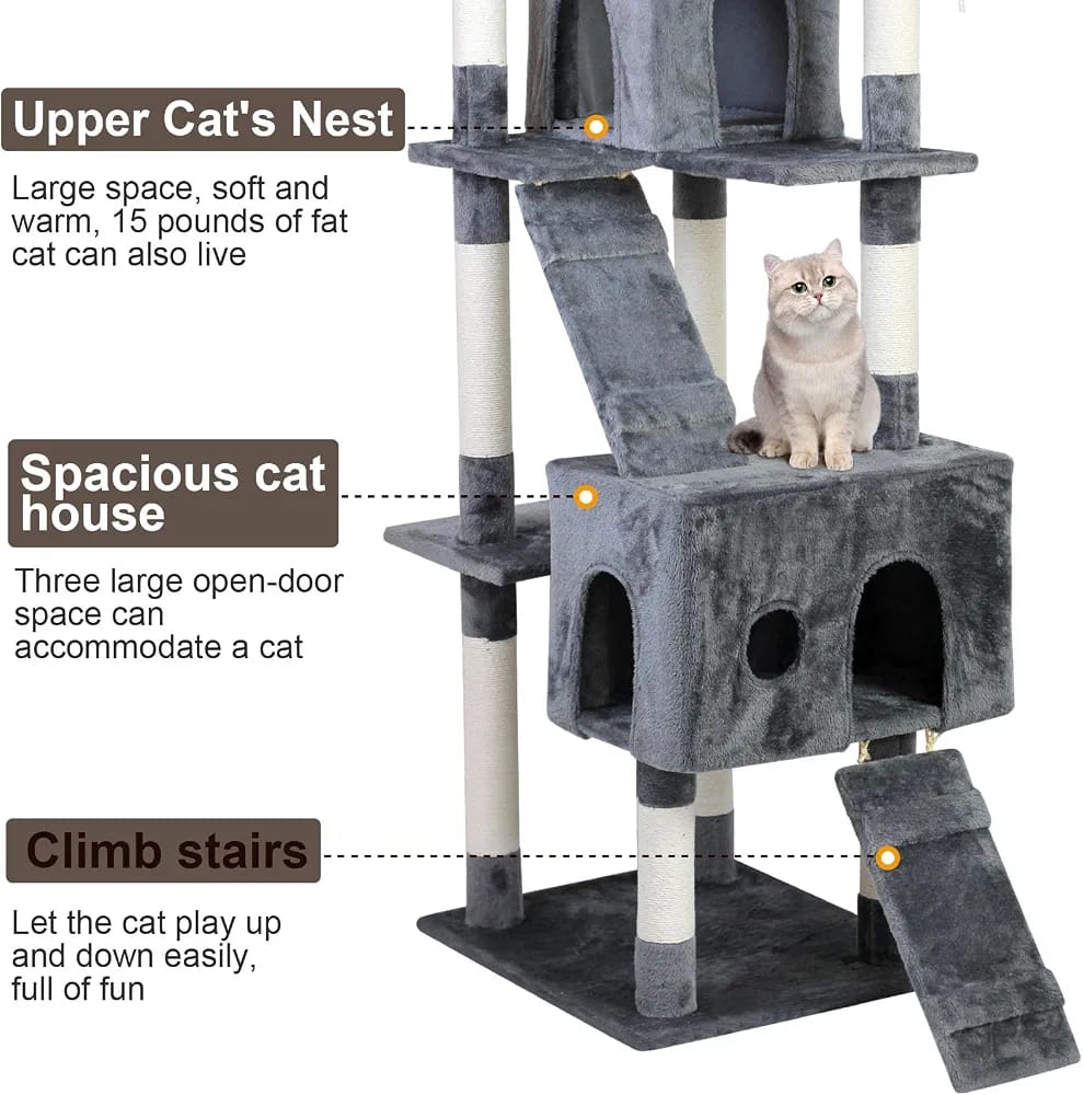 Grey Cat Tree Tower 170cm – Multi-Level Cat Condo with 2 Caves, Ramp & Scratching Posts product image 2