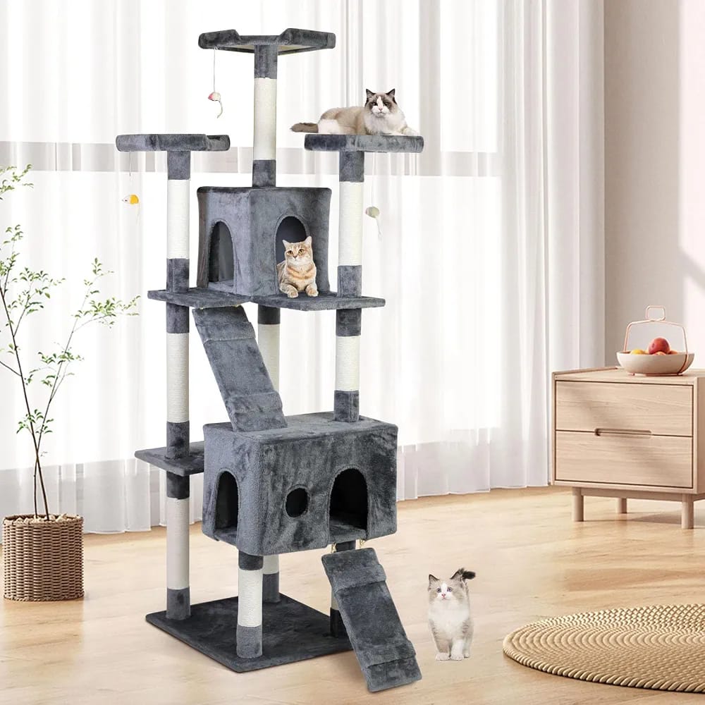 Grey Cat Tree Tower 170cm – Multi-Level Cat Condo with 2 Caves, Ramp & Scratching Posts product image 4