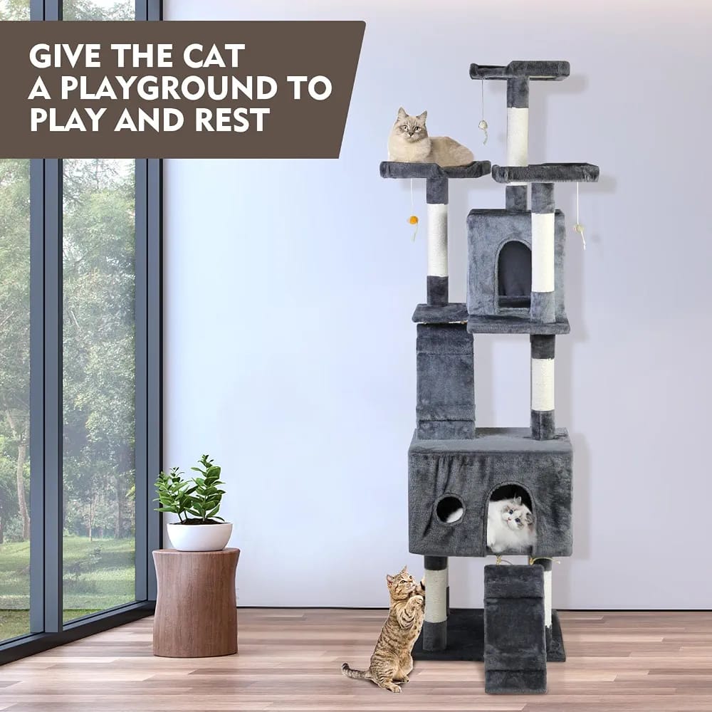 Grey Cat Tree Tower 170cm – Multi-Level Cat Condo with 2 Caves, Ramp & Scratching Posts product image 5