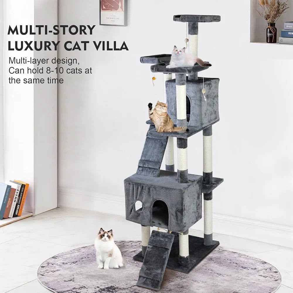 Grey Cat Tree Tower 170cm – Multi-Level Cat Condo with 2 Caves, Ramp & Scratching Posts product image 6