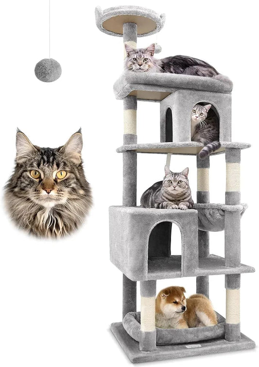 Grey Cat Tree Tower 182cm – Multi-Level Cat Condo with 2 Caves, Hammock & Scratching Posts product image