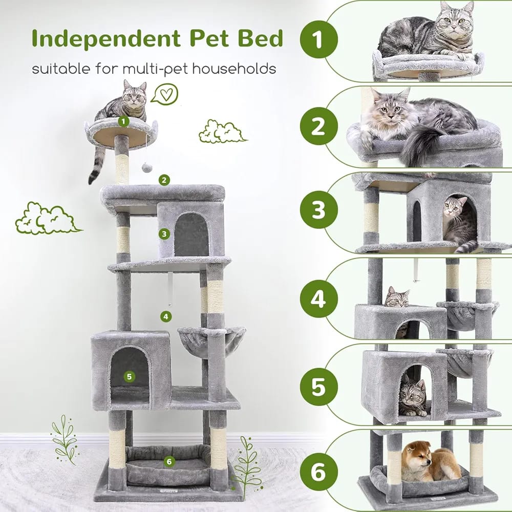 Grey Cat Tree Tower 182cm – Multi-Level Cat Condo with 2 Caves, Hammock & Scratching Posts product image 2