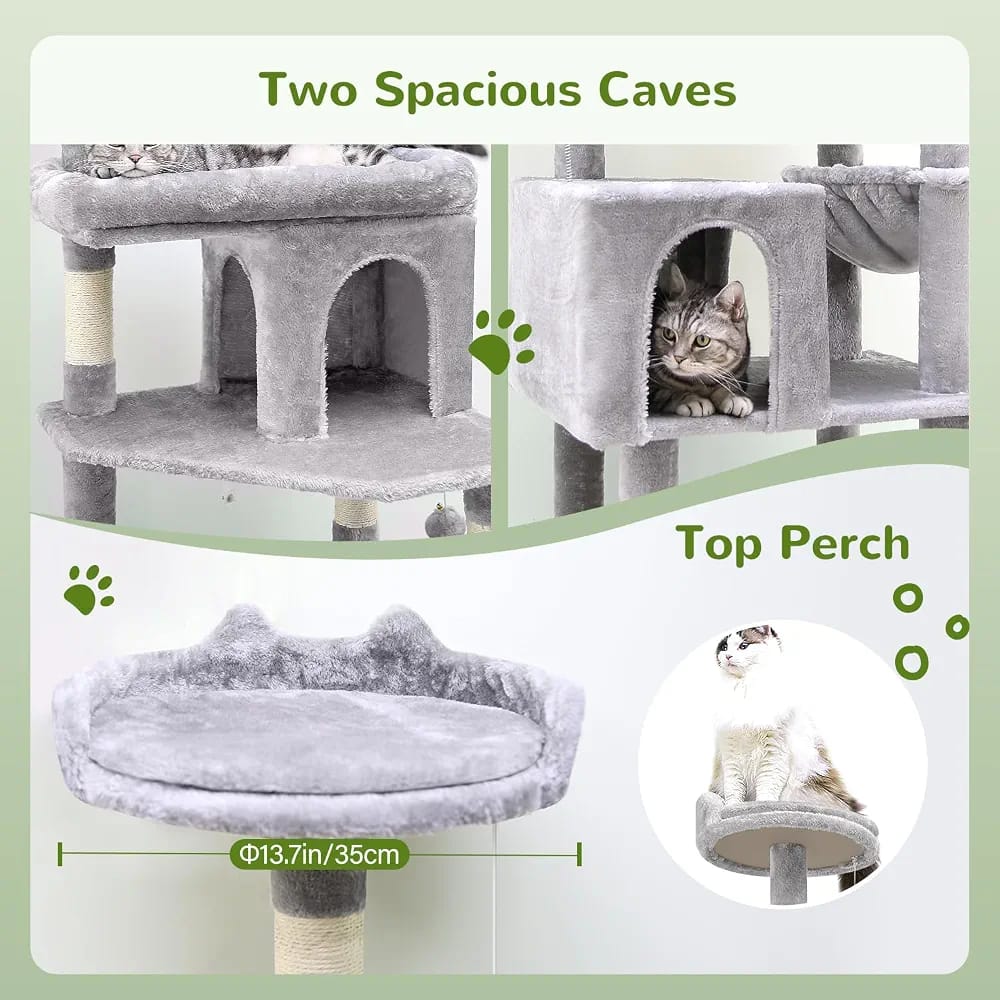 Grey Cat Tree Tower 182cm – Multi-Level Cat Condo with 2 Caves, Hammock & Scratching Posts product image 3