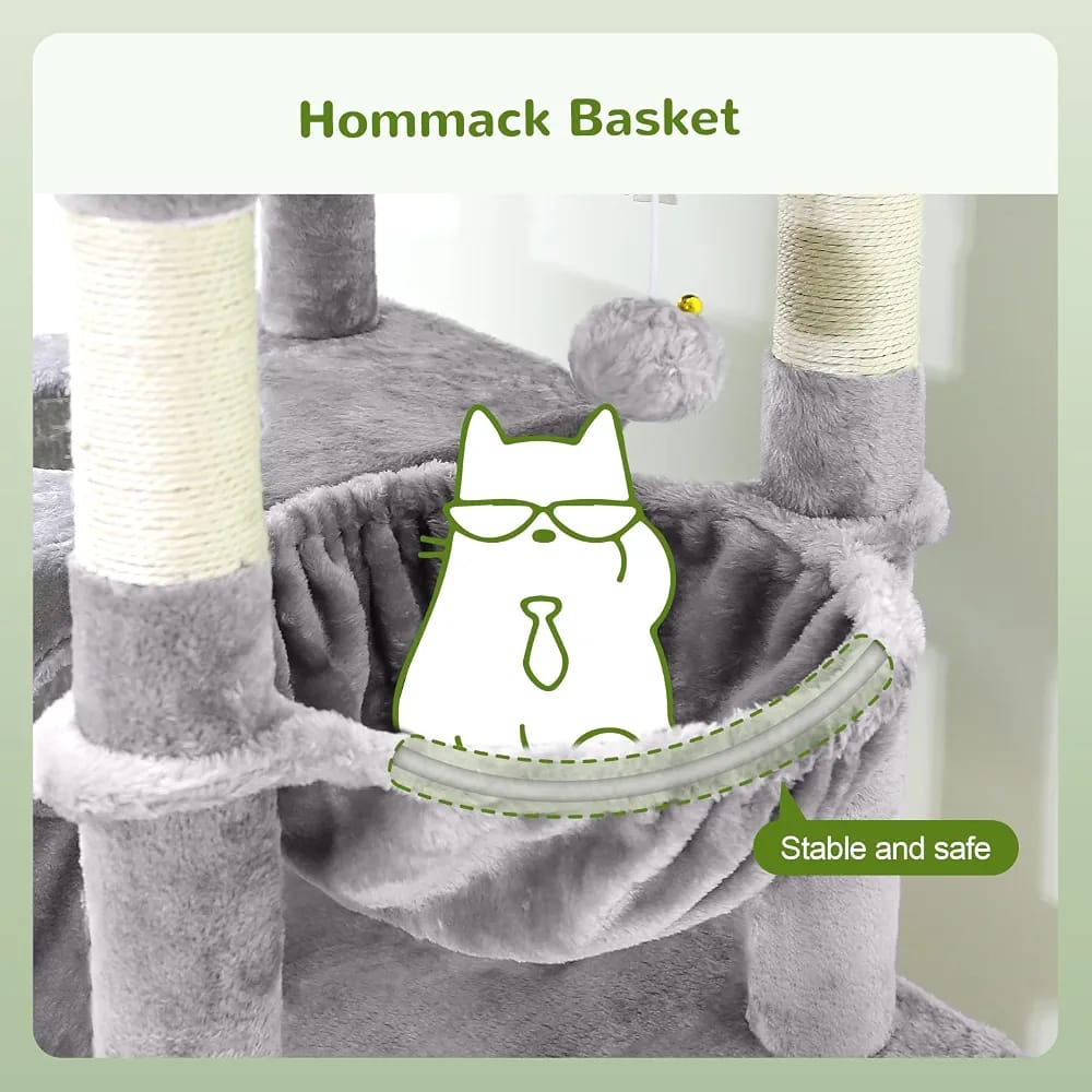 Grey Cat Tree Tower 182cm – Multi-Level Cat Condo with 2 Caves, Hammock & Scratching Posts product image 5