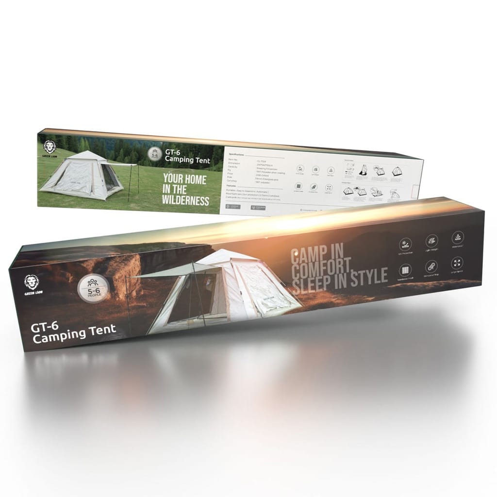 Two product boxes for a CT-6 Camping Tent shown on a clean white background, displaying different sides of the packaging including a tent photo, feature icons, and assembly instructions.