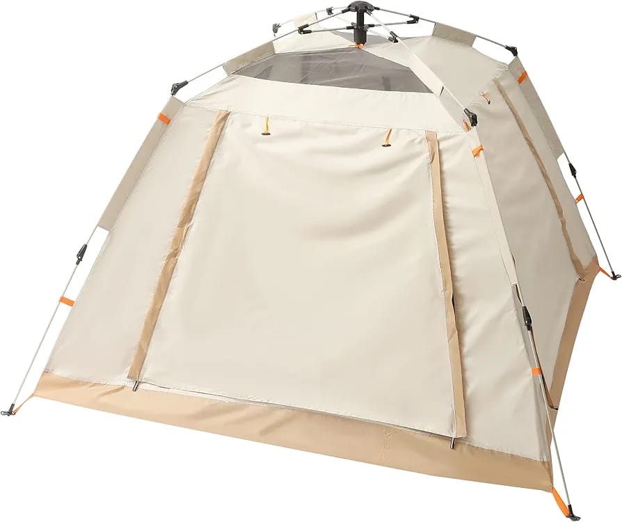 A beige and off-white dome-style camping tent with orange accent details, shown on a solid white background.