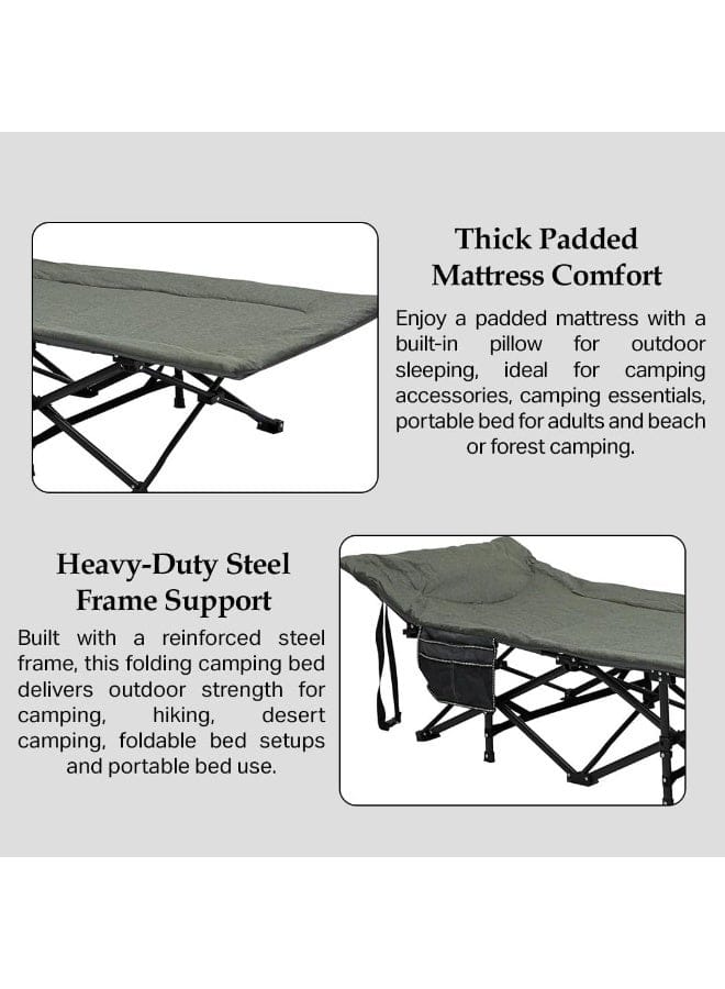 A product information graphic showing a folding camping bed in two inset photos with descriptive text. The top photo highlights a thick padded mattress comfort, and the bottom photo highlights heavy-duty steel frame support.