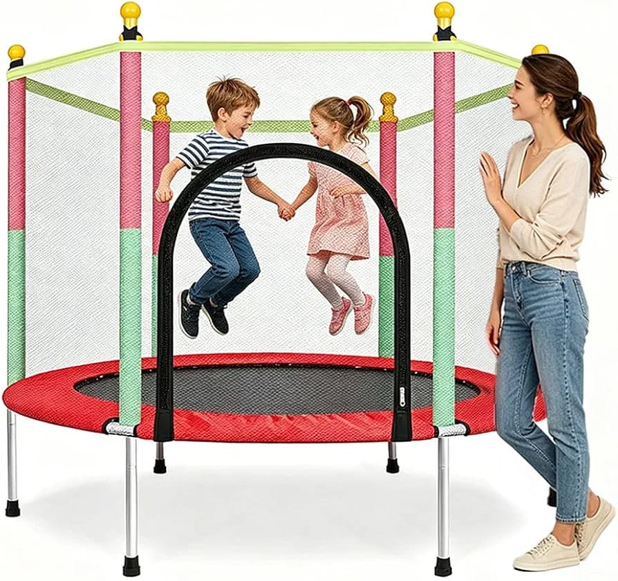 Heavy duty garden trampoline with secure safety enclosure available in Qatar