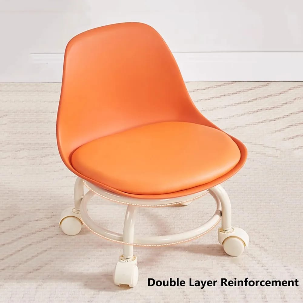 An orange molded plastic office chair with a cream-colored metal base and casters, shown on a light-colored carpet with a text overlay at the bottom reading 'Double Layer Reinforcement'.