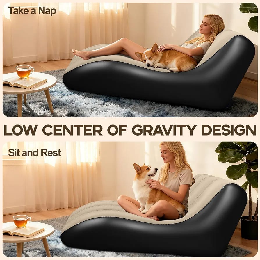 Woman and corgi dog napping and sitting on inflatable lounge chair with low center of gravity design