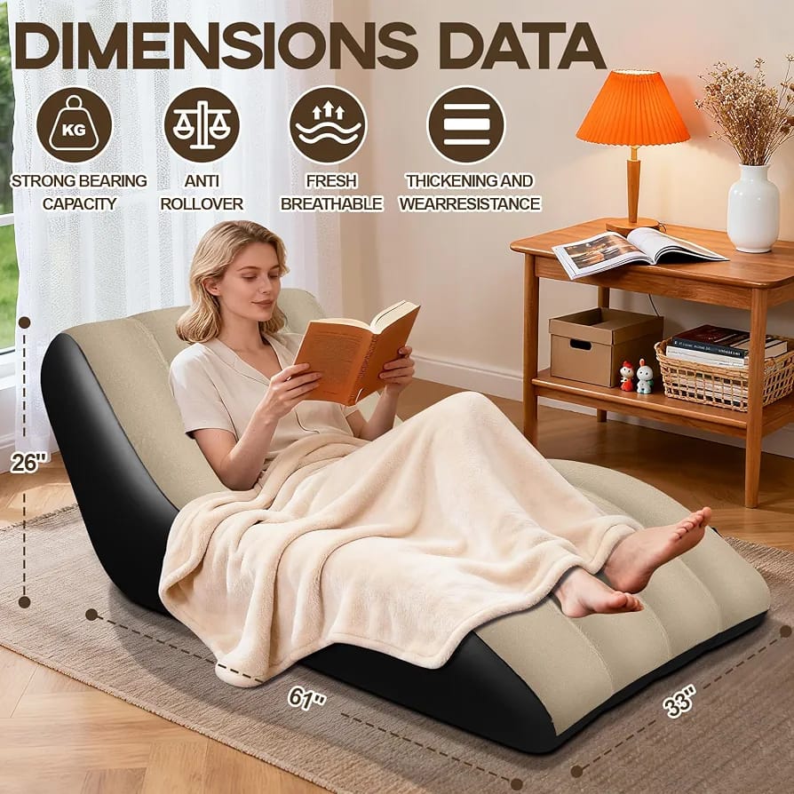Inflatable lounge chair dimensions data showing size 61x33x26 inches, anti-rollover and breathable design
