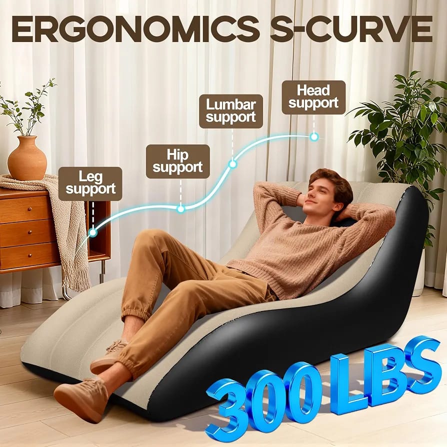 Man reclining on inflatable lounge chair showing ergonomic S-curve with head, lumbar, hip and leg support, holds 300 lbs