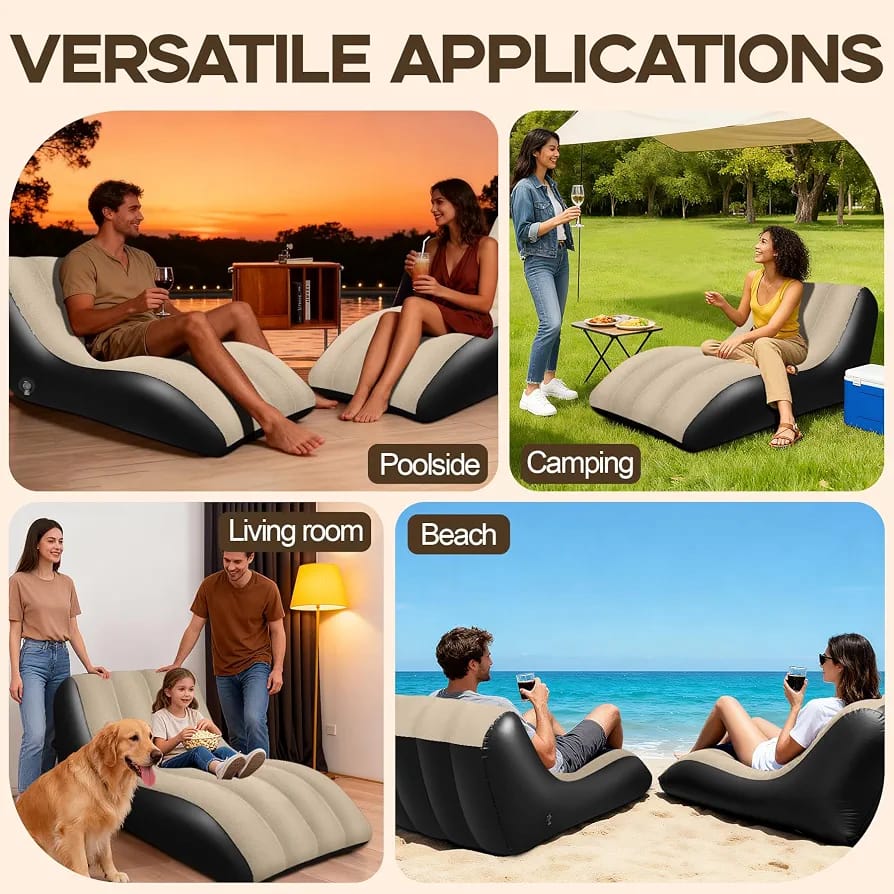 Inflatable lounge chairs used poolside, camping, living room and beach – versatile applications
