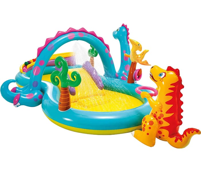 Colorful inflatable play center with dinosaur designs on a white background