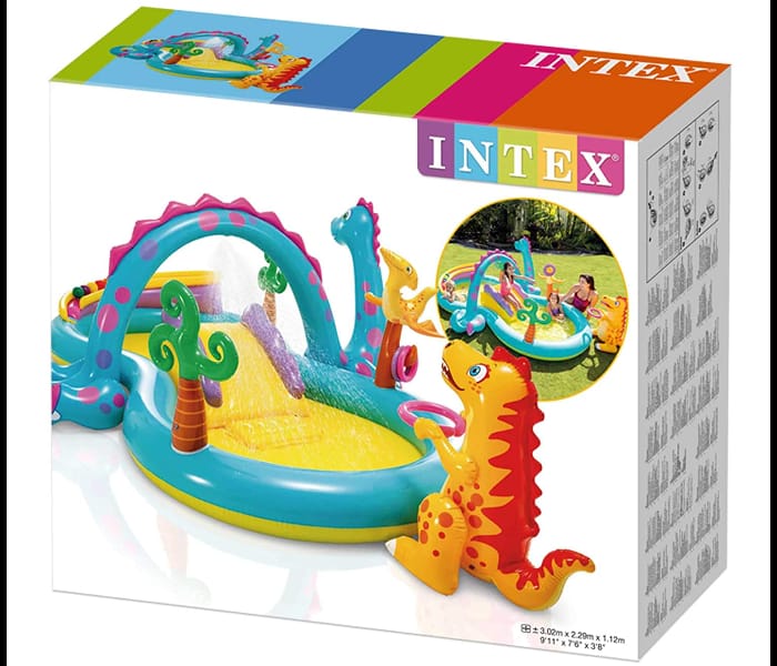 Intex inflatable playground set packaging with colorful design and dinosaur illustration.