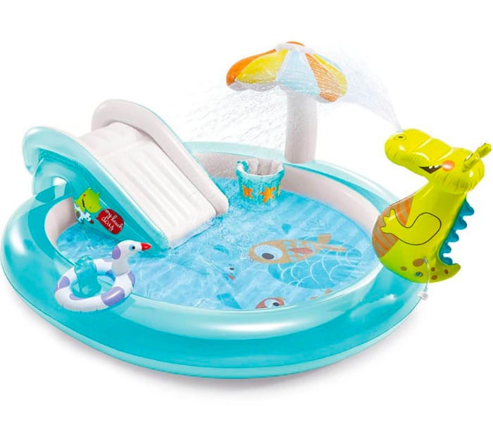 Inflatable children's pool with slides and toys on a white background