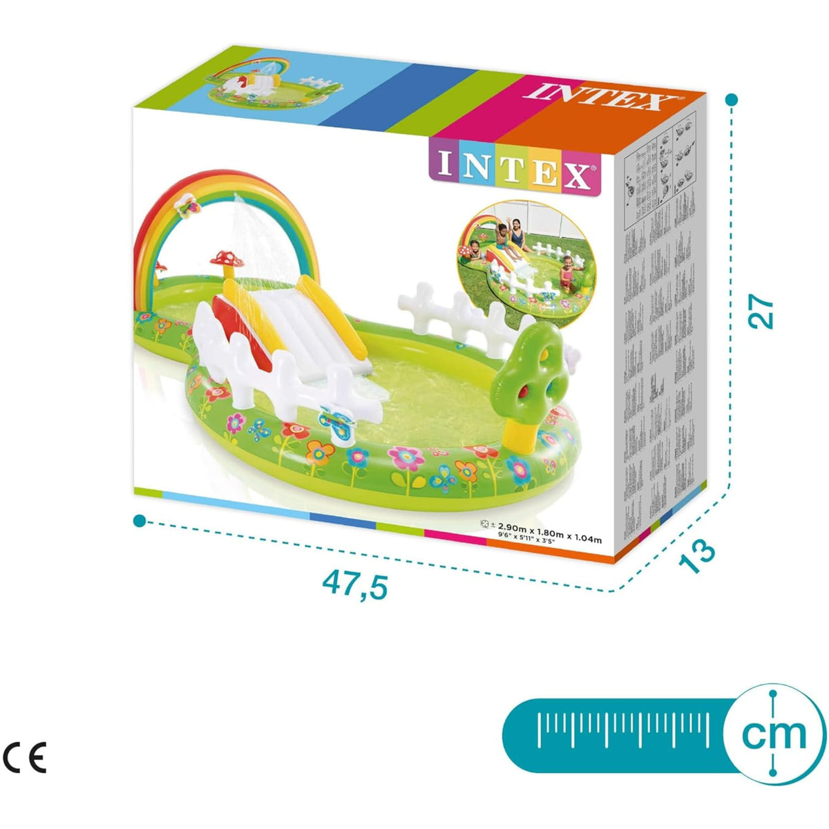 Inflatable kids activity pool with garden flower graphics, a red and white slide, and a mushroom decoration.