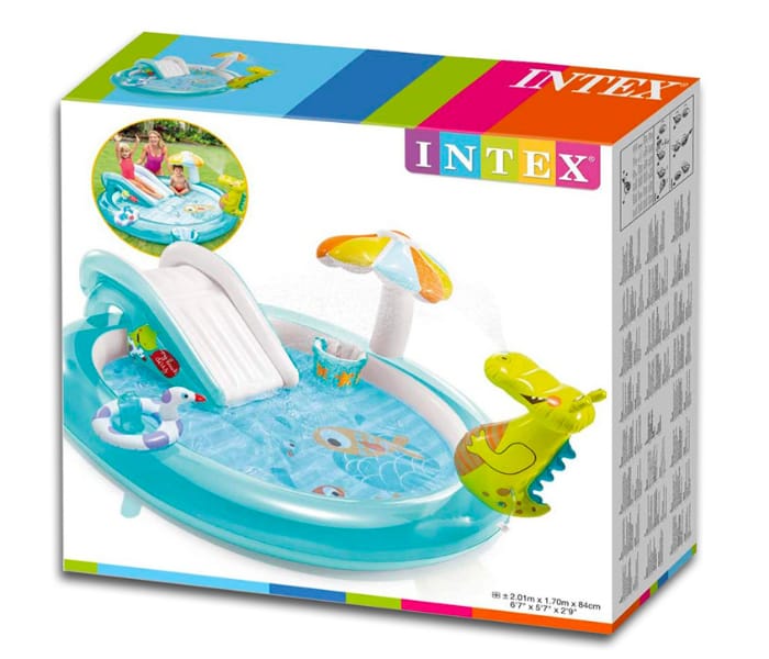Intex My Garden inflatable play center packaging showing a green kids pool with a white water slide.
