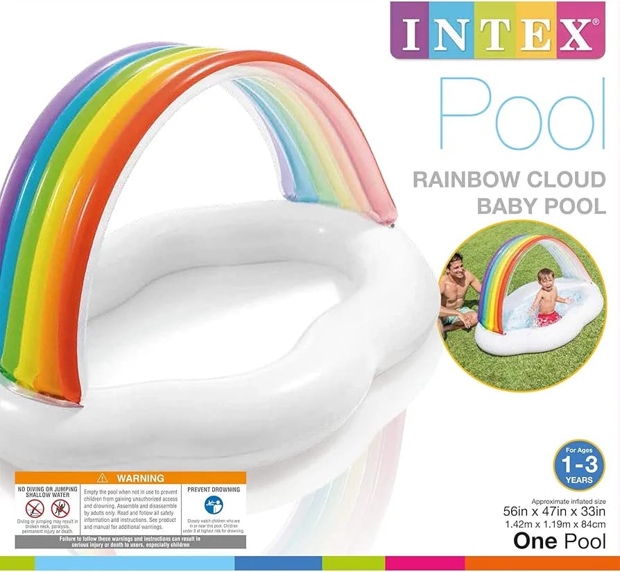 Intex Rainbow Cloud Baby Pool packaging with product and family usage illustration.