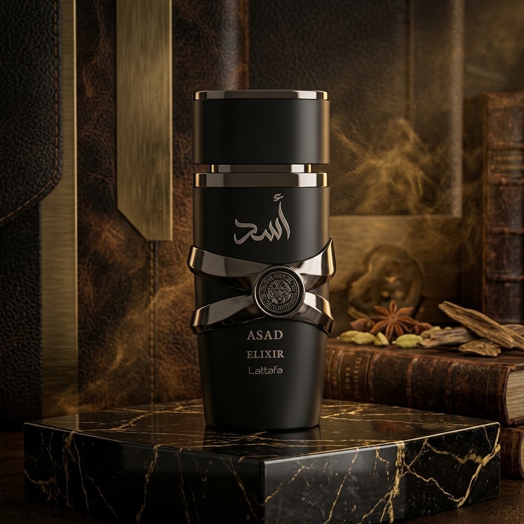 Lattafa Asad Elixir Eau de Parfum for men in black and gold bottle