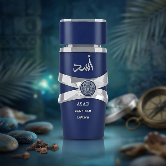 Lattafa Asad Zanzibar Eau de Parfum in a blue bottle with silver detailing